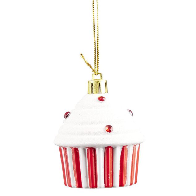 D&eacute;coration de No&euml;l cupcake &agrave; suspendre rouge et blanc H.6 cm