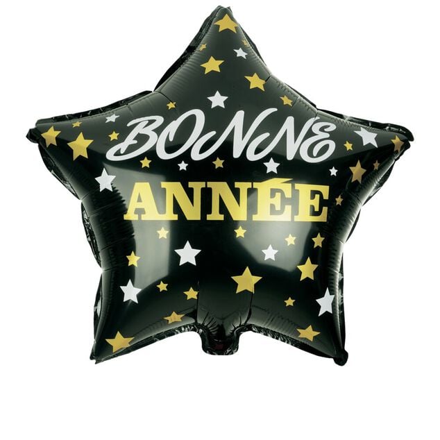 Ballon Bonne ann&eacute;e forme &eacute;toile en aluminium noir et dor&eacute; H46cm