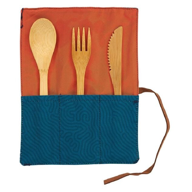 Couverts en bambou x3 pochette tissu bleu et orange