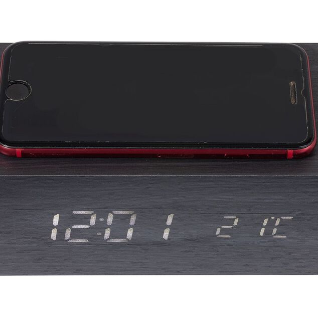 R&eacute;veil chargeur sans fil bois noir