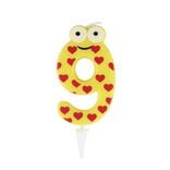 Bougie chiffre 9 cire personnage coeurs jaune et rouge H8,5cm