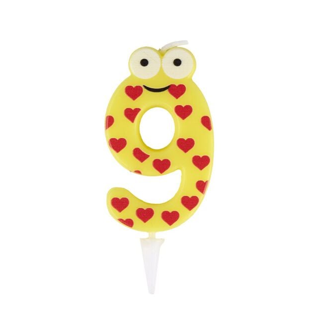 Bougie chiffre 9 cire personnage coeurs jaune et rouge H8,5cm