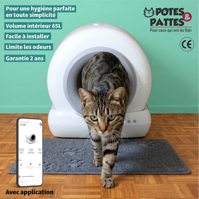 Liti&egrave;re auto-nettoyante pour chat plastique blanc 55x48xH50cm