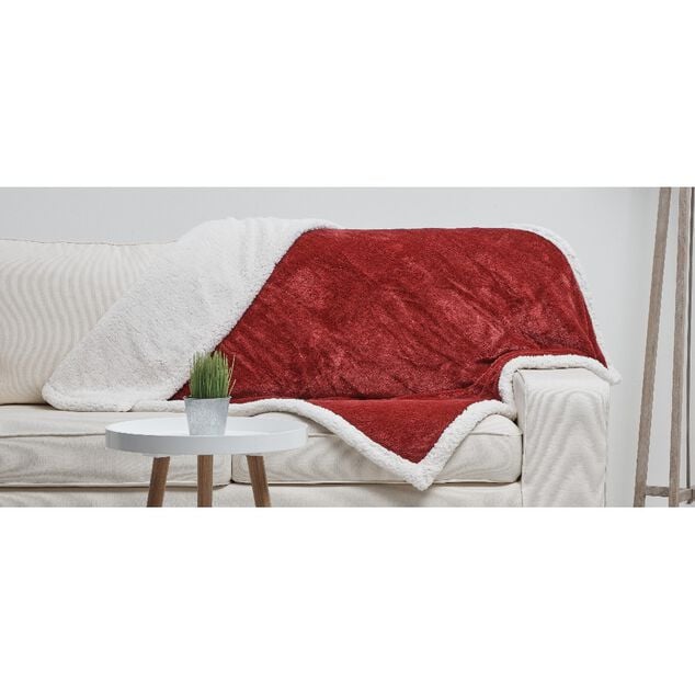 Plaid polaire r&eacute;versible imitation fourrure rouge et blanc