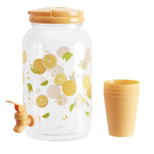 Distributeur boisson 3,8L plastique motif fruit avec 4 verres 480ml (2 mod&egrave;les)