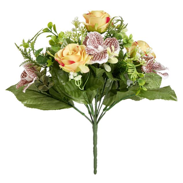 Bouquet fleurs artificielles orchid&eacute;es et roses orange 4 t&ecirc;tes H33cm
