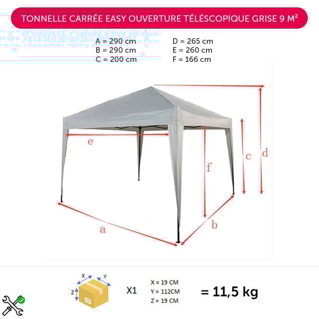 Tonnelle carr&eacute;e Easy ouverture t&eacute;lescopique grise UPF50+ 297x297xH265cm 8,4m&sup2;
