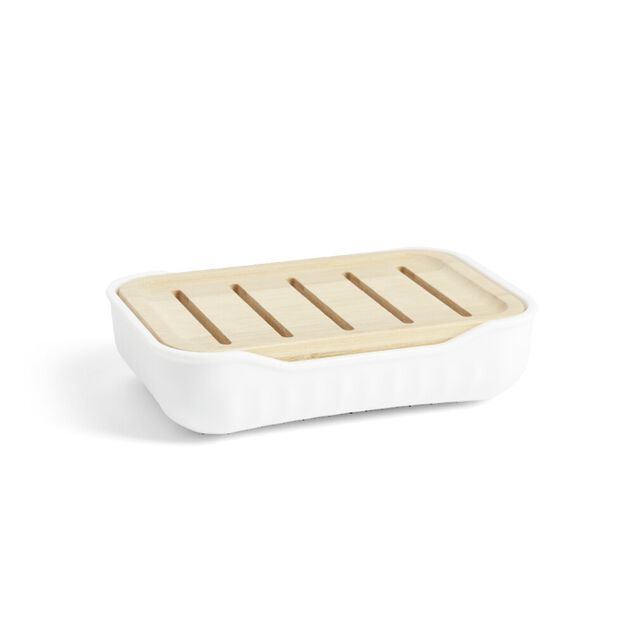 Porte-savon salle de bain bambou et plastique blanc