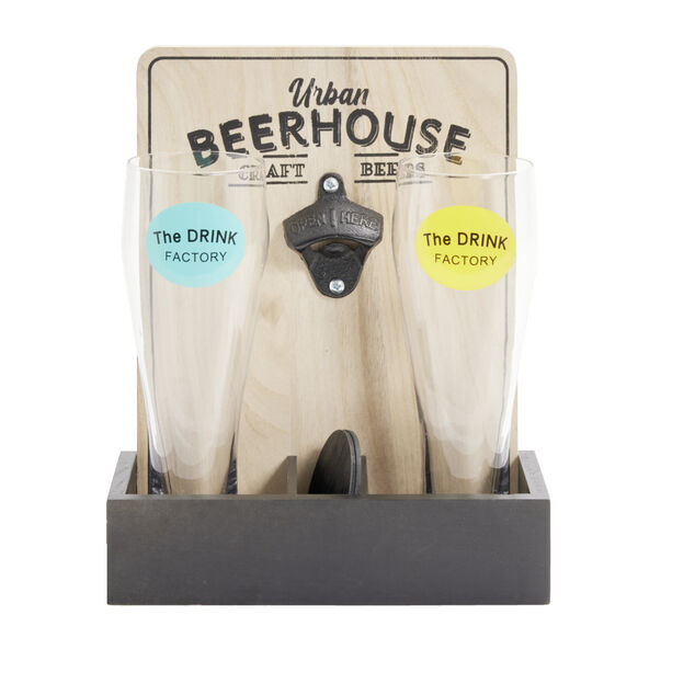 Verre à bière 50cl x2 avec support décapsuleur et 2 sous-verres