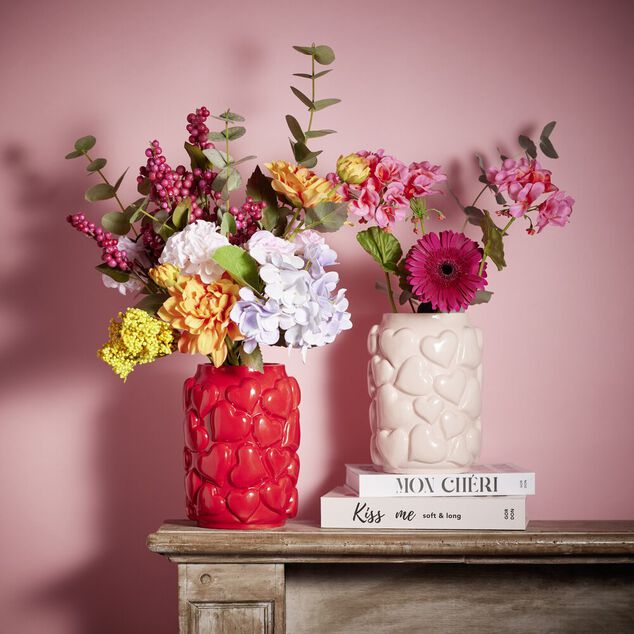 Vase dolomite relief coeur 3D &Oslash;14,5xH20cm (2 mod&egrave;les rouge ou blanc)