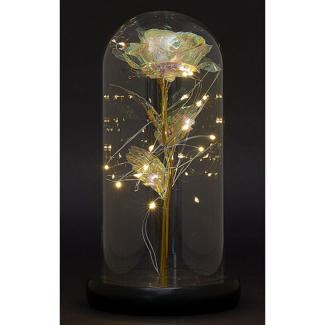 Rose iridescente &agrave; led sous cloche