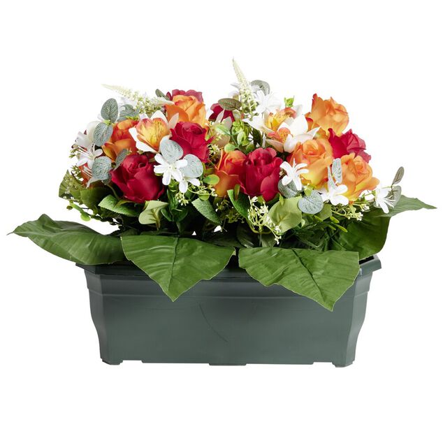 Composition florale artificielle rose orchid&eacute;e bruy&egrave;re orange jardini&egrave;re H42cm