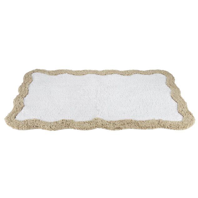 Tapis de bain rectangulaire contour vague coton blanc et beige 50x80cm