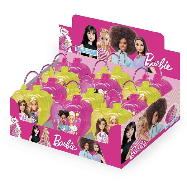Bonbons et autocollants Barbie dans bo&icirc;te forme coeur 10g