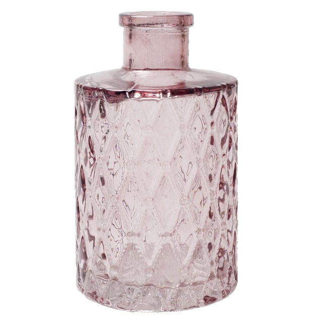 Vase verre color&eacute; bouteille d&eacute;cor relief &Oslash;6xH10,5cm (3 mod&egrave;les)