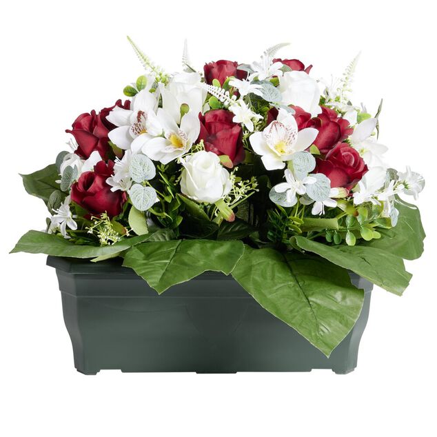 Composition florale artificielle rose orchid&eacute;e bruy&egrave;re rouge jardini&egrave;re H42cm
