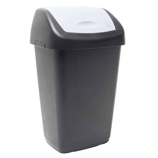 Poubelle &agrave; rabat 15L plastique noire couvercle gris 29x23xH47cm