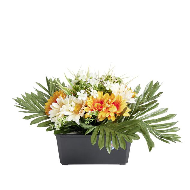Composition florale artificielle gerbera orange blanc jardini&egrave;re L34xH28cm