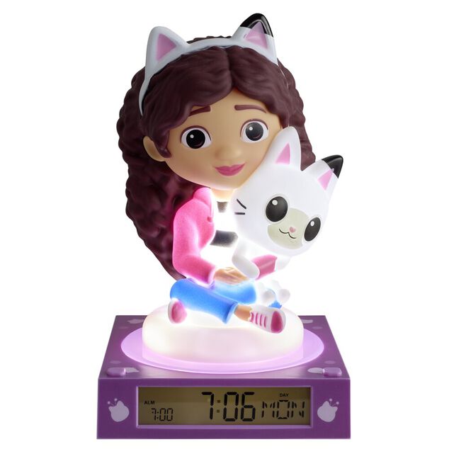 Lampe 3D r&eacute;veil Gabby et son chat avec affichage date violet 13x13xH15cm