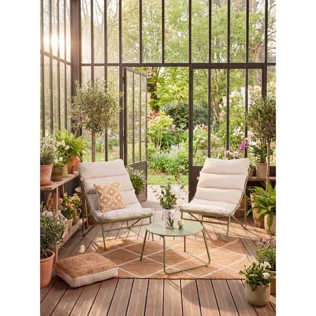 Ensemble salon de jardin 2 personnes Oslow m&eacute;tal vert sauge et coussins gris clair