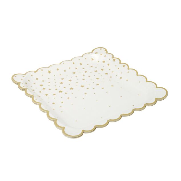 Assiette en papier X8 pcs carr&eacute; bord festonn&eacute; imprim&eacute; &eacute;toile 23X23XH1,5 cm blanc et dor&eacute;
