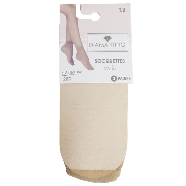 Lot de 3 paires de socquette femme polyamide et tulle chair 20D