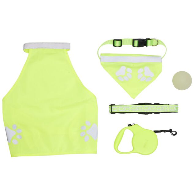 Accessoire sellerie pour chien 5 pi&egrave;ces fluorescent jeu et promenade