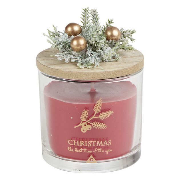 Bougie de No&euml;l rouge pot en verre couvercle bois senteur grenade 25H - &Oslash;8xH7,5cm