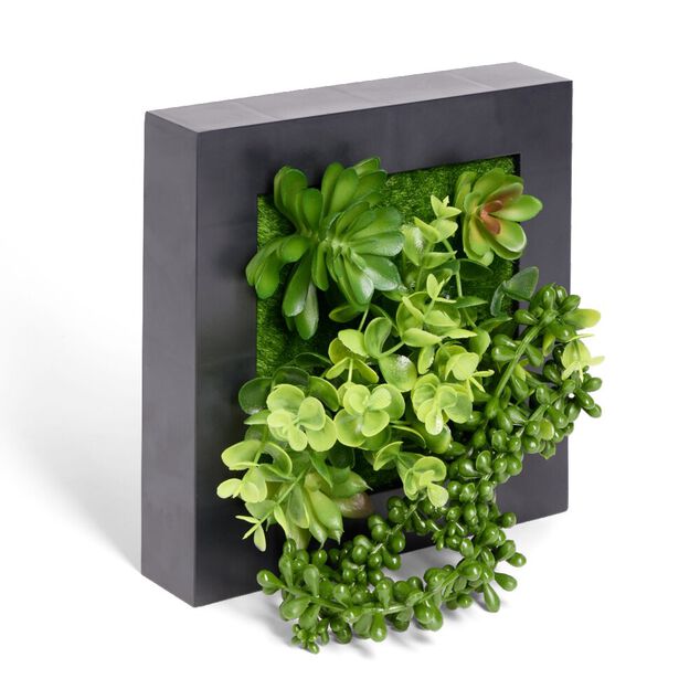 Plante artificielle d&eacute;coration murale cadre bois noir 20x20cm
