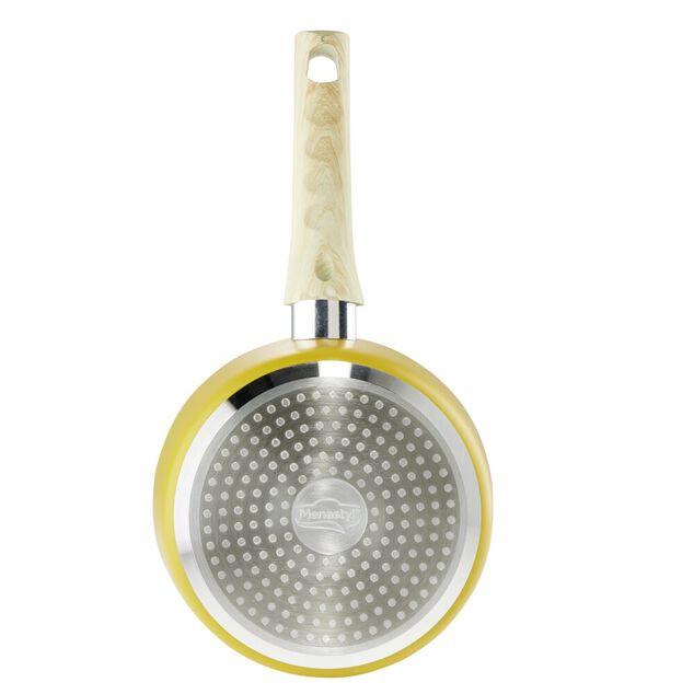 Casserole rev&ecirc;tement c&eacute;ramique jaune poign&eacute;e effet bois &Oslash;18cm