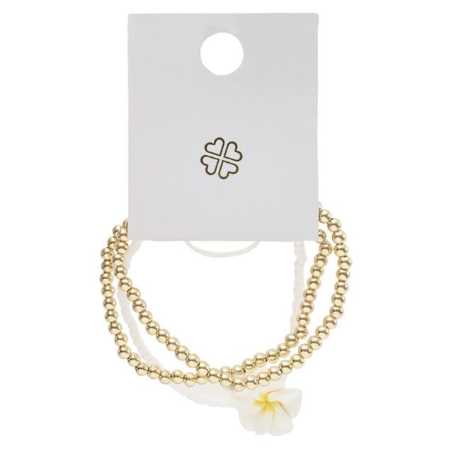 Bracelet x3 perles blanches et dor&eacute;es avec fleur de tiar&eacute;