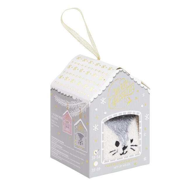 Coffret cadeau chaussettes cocooning chat Noël gris et blanc (31/34 ou 35/39)