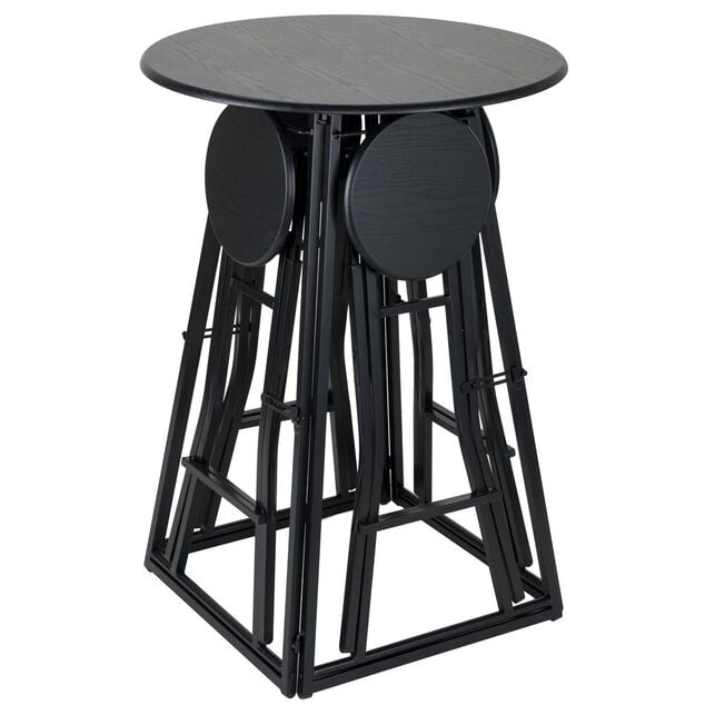 Table de bar haute avec 4 chaises &agrave; d&eacute;plier m&eacute;tal et bois noir &Oslash;105xH170cm