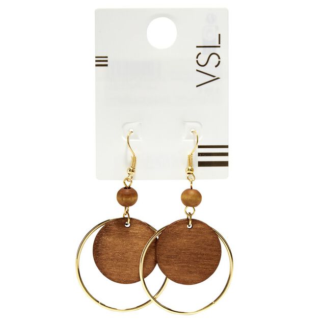 Boucles d'oreilles anneau en m&eacute;tal dor&eacute; avec disque en bois marron
