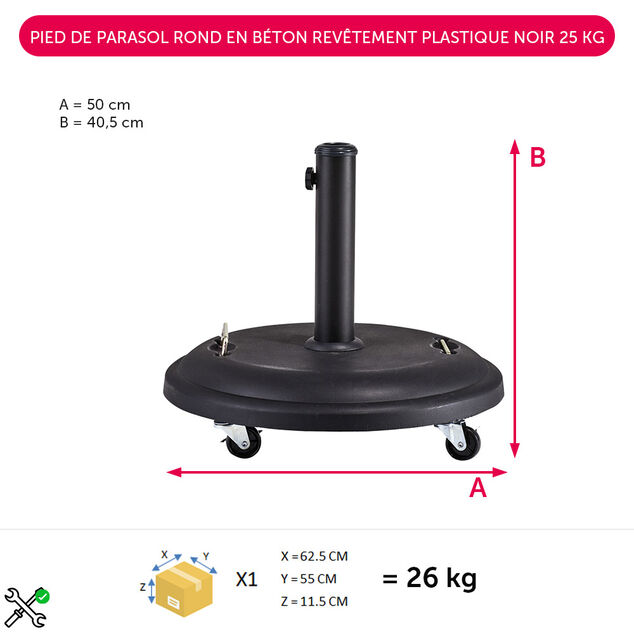 Pied de parasol rond en b&eacute;ton rev&ecirc;tement plastique noir 25 kg