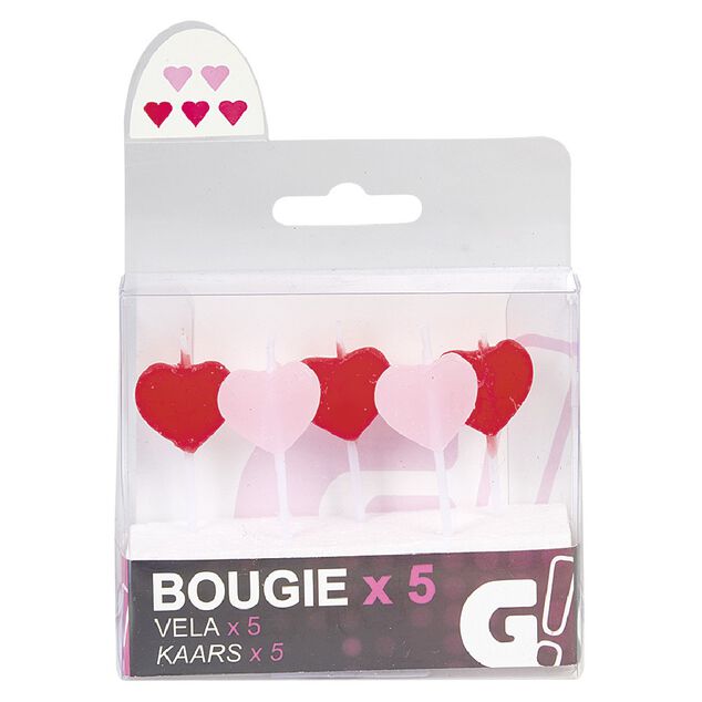 Bougie anniversaire coeur rose et rouge x5
