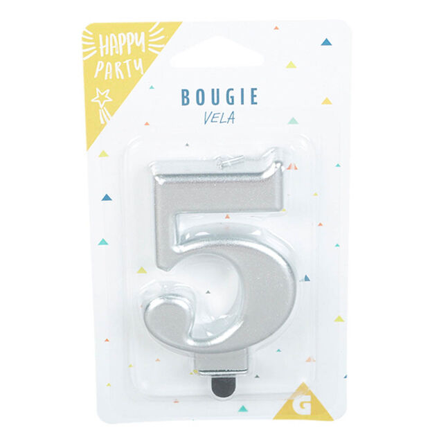 Bougie anniversaire chiffre 5 mat argent&eacute;