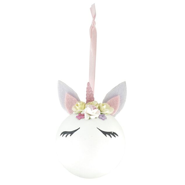 Boule de No&euml;l Licorne en mousse blanche et rose