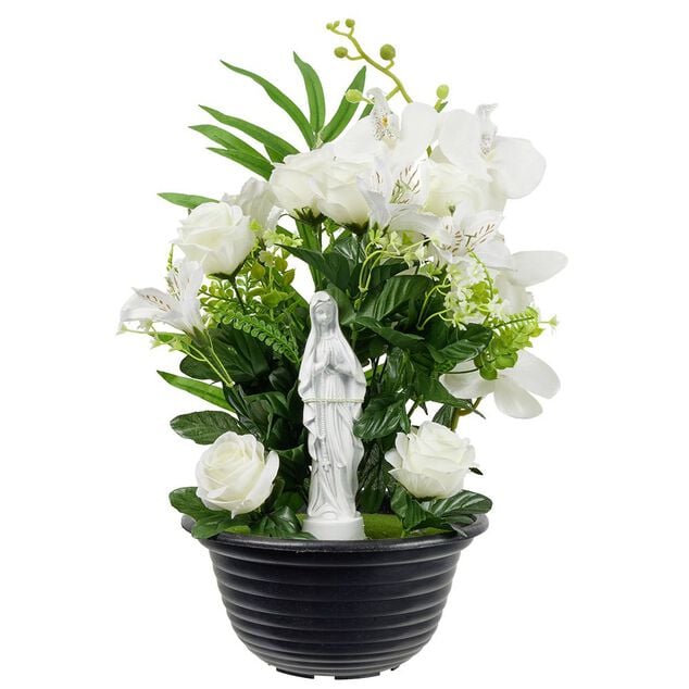 Pot fleur artificielle blanche d&eacute;cor coeur et vierge H45cm