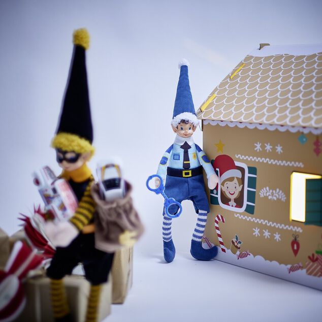 Lutin farceur policier avec menottes bleu H36cm