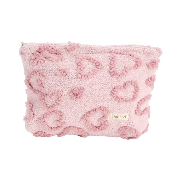 Trousse cosm&eacute;tique sherpa polycoton relief coeur rose 26x19cm