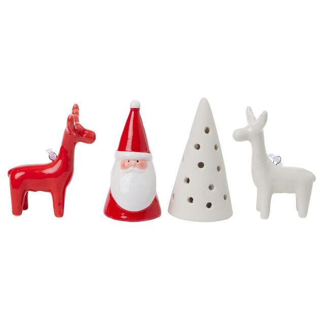 D&eacute;coration lumineuse P&egrave;re No&euml;l cerf sapin porcelaine rouge et blanc x4