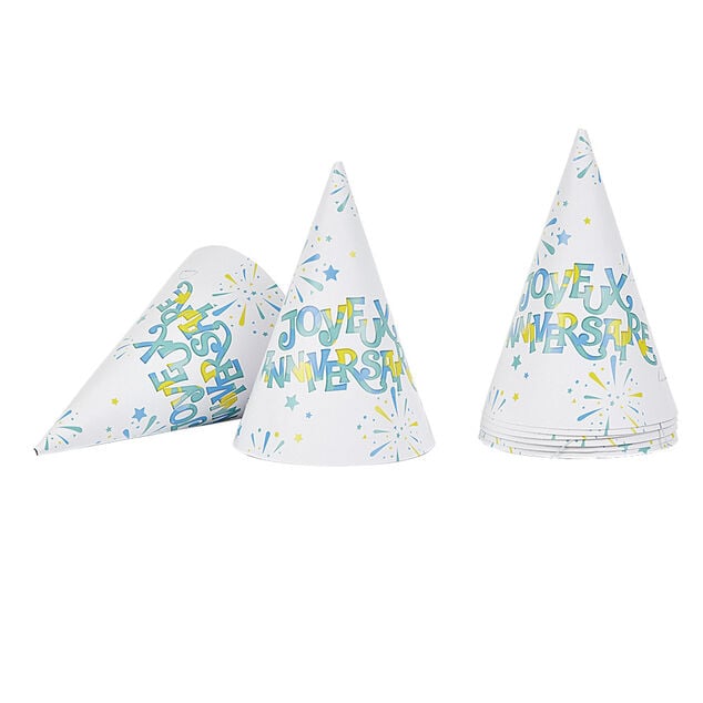Chapeau de f&ecirc;te Joyeux anniversaire et feux d'artifice en carton x 8