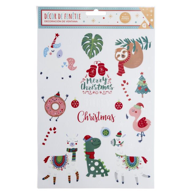 D&eacute;coration fen&ecirc;tre No&euml;l &eacute;lectrostatique Merry Christmas animaux fun