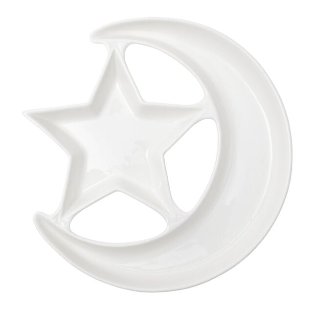 Plat de pr&eacute;sentation forme lune et &eacute;toile c&eacute;ramique blanc &Oslash;25,5xH3cm