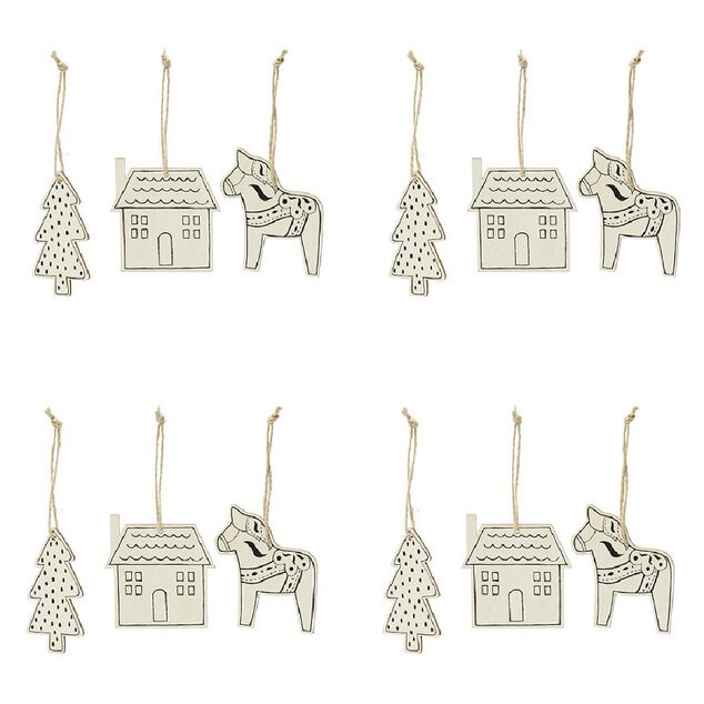 D&eacute;coration &agrave; suspendre en bois sapin maison cheval x12