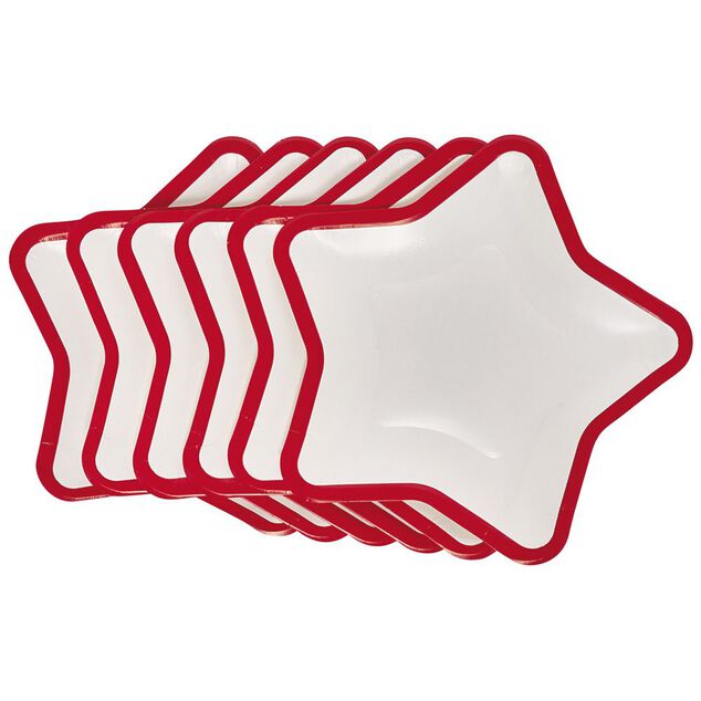 Lot de 10 assiettes carton &eacute;toile blanc avec liser&eacute; rouge