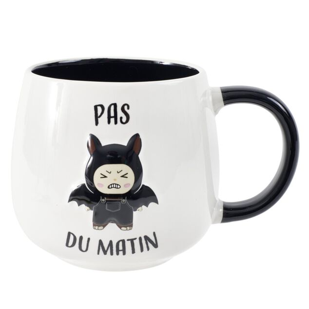 Mug c&eacute;ramique 40cl Pas Du Matin motif Gromimis en relief noir et blanc