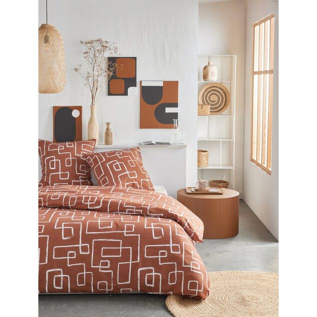 Parure de lit 2 personnes 220x240cm motif grpahique marron et blanc