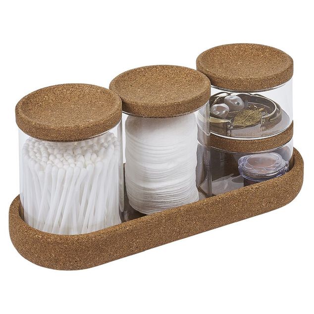 Ensemble bocal en verre x4 avec support en li&egrave;ge 26x10xH8cm
